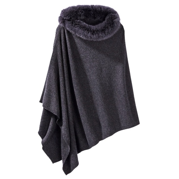 🧥⛷️ GORSUCH Maddy Poncho | 100% Cashmere + Fox Fur Collar | Anthracite One Size - Picture 1 of 8
